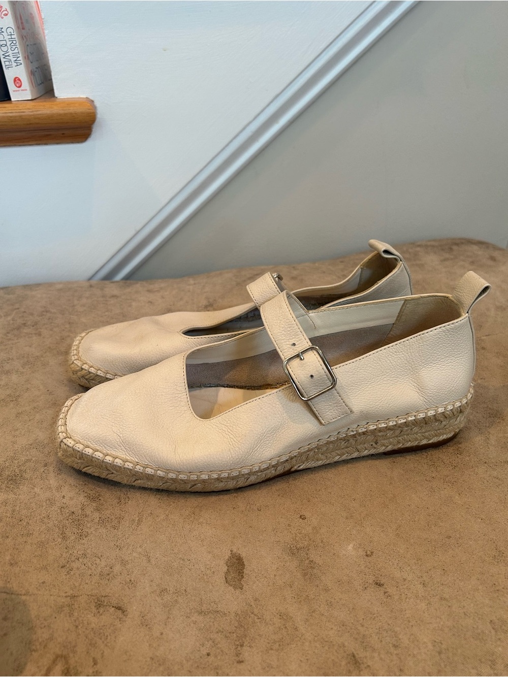 Everlane Women's Cream Espadrille Mary Jane Flats with Buckle Strap